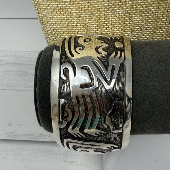Vintage Heavy Mexico 925 Sterling Silver Monkey Tribal Cuff Bracelet 72 Grams - Picture 9 of 15